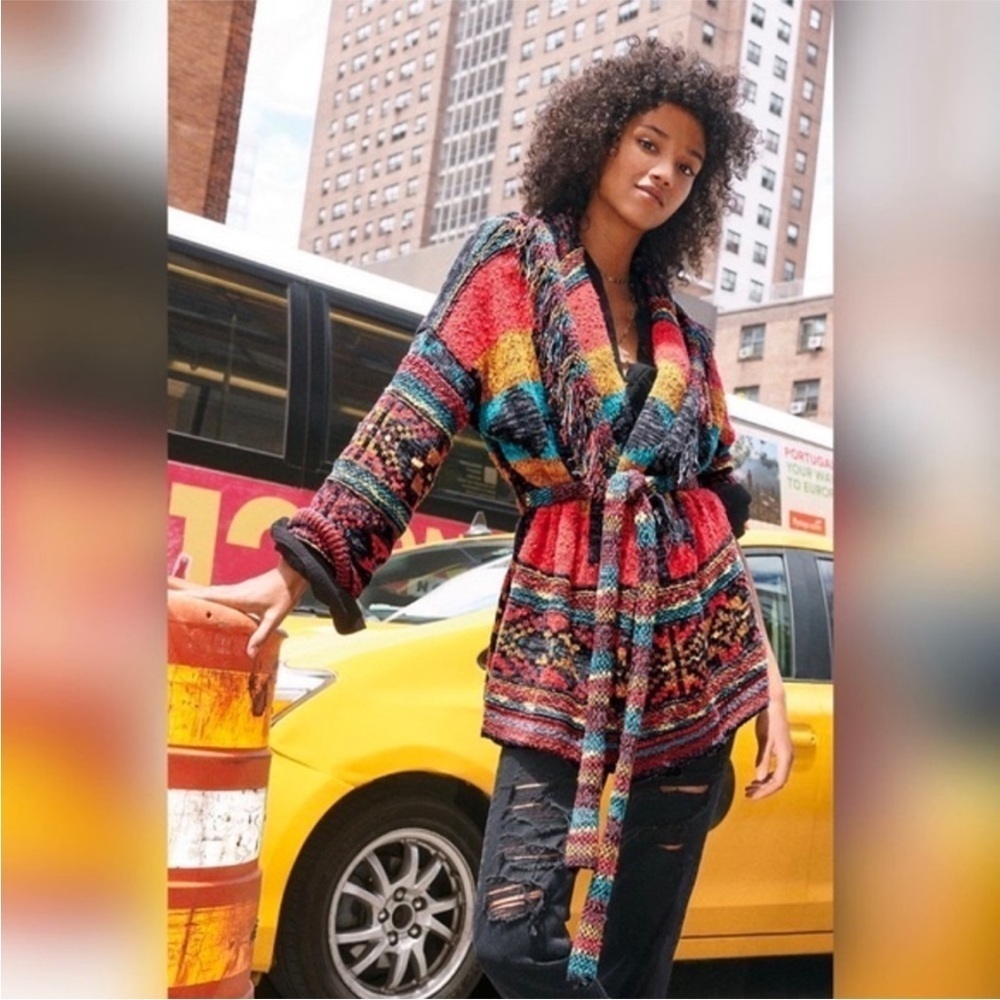Free People Southwestern Cardigan Duster Jacket Fringe Aztec Size Medium large - Picture 14 of 15